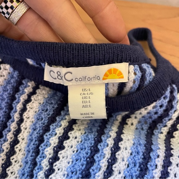 C & C California Blue White Crochet Halter Style Swim Cover Up Mini Dress Beach - Picture 2 of 9